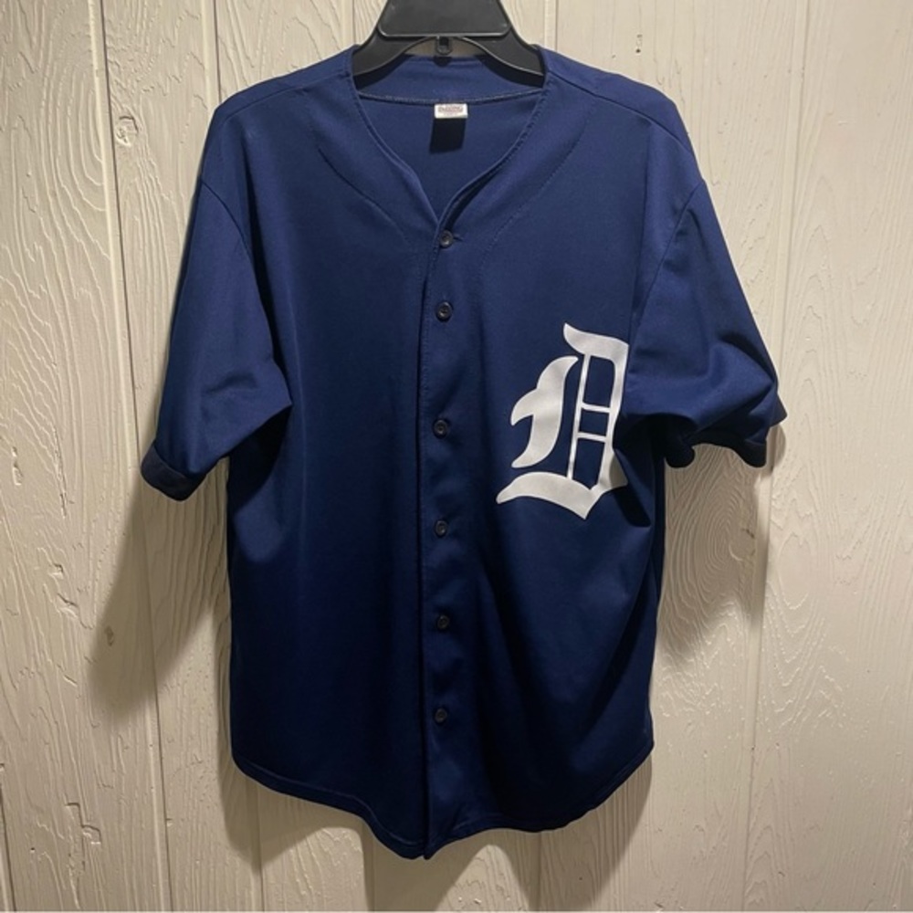 Navy Blue Button-Up Men's Jersey with White Script Logo